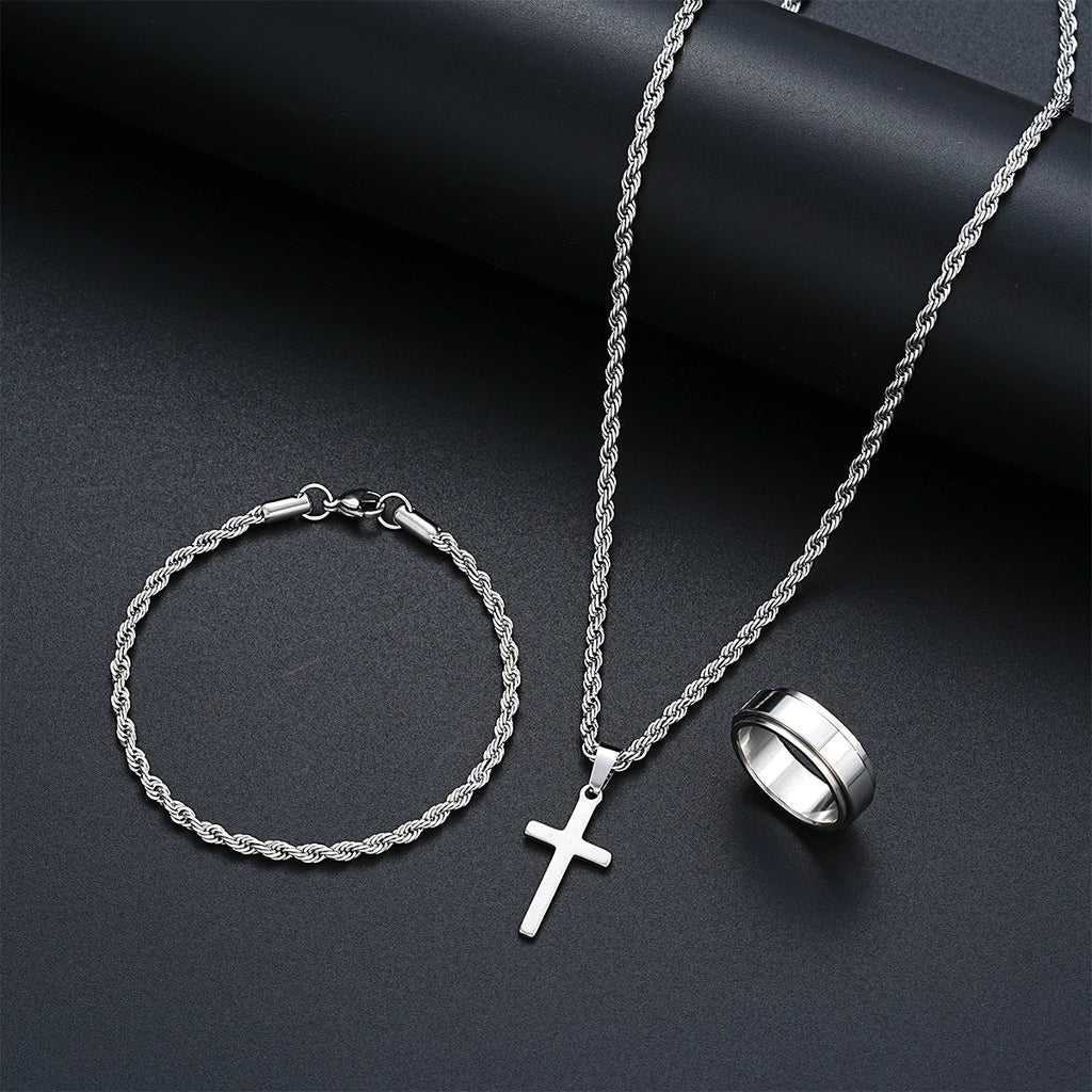 Stainless Steel Simple Jewelry Set For Men Women Fashion Silver Color Cross Pendant Twisted Rope Necklace Bracelets Ring Gifts Vera Lux