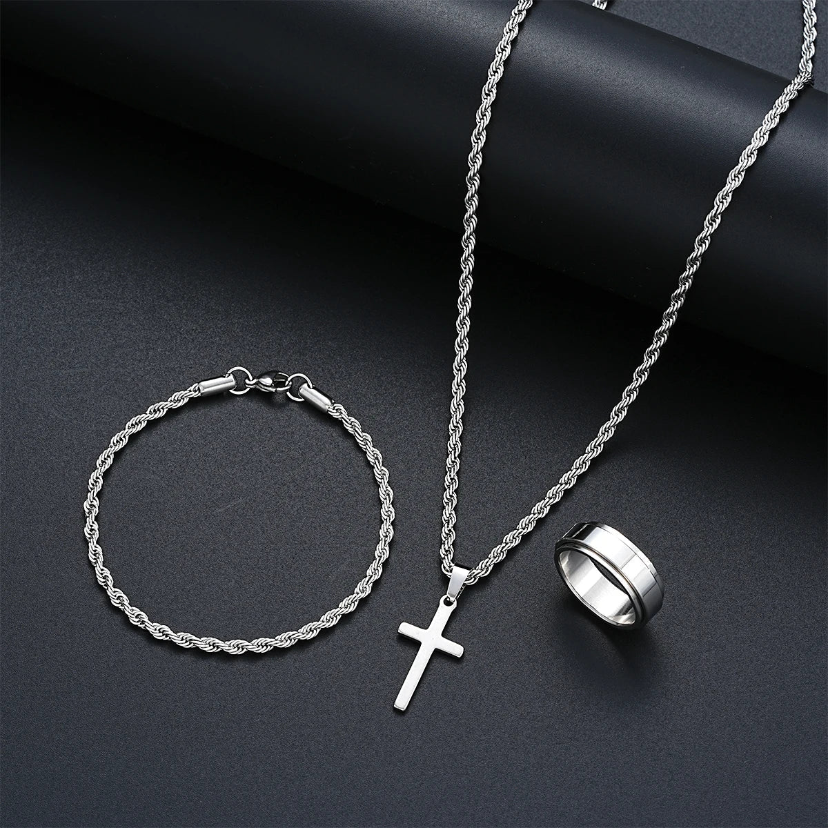Stainless Steel Simple Jewelry Set For Men Women Fashion Silver Color Cross Pendant Twisted Rope Necklace Bracelets Ring Gifts Vera Lux