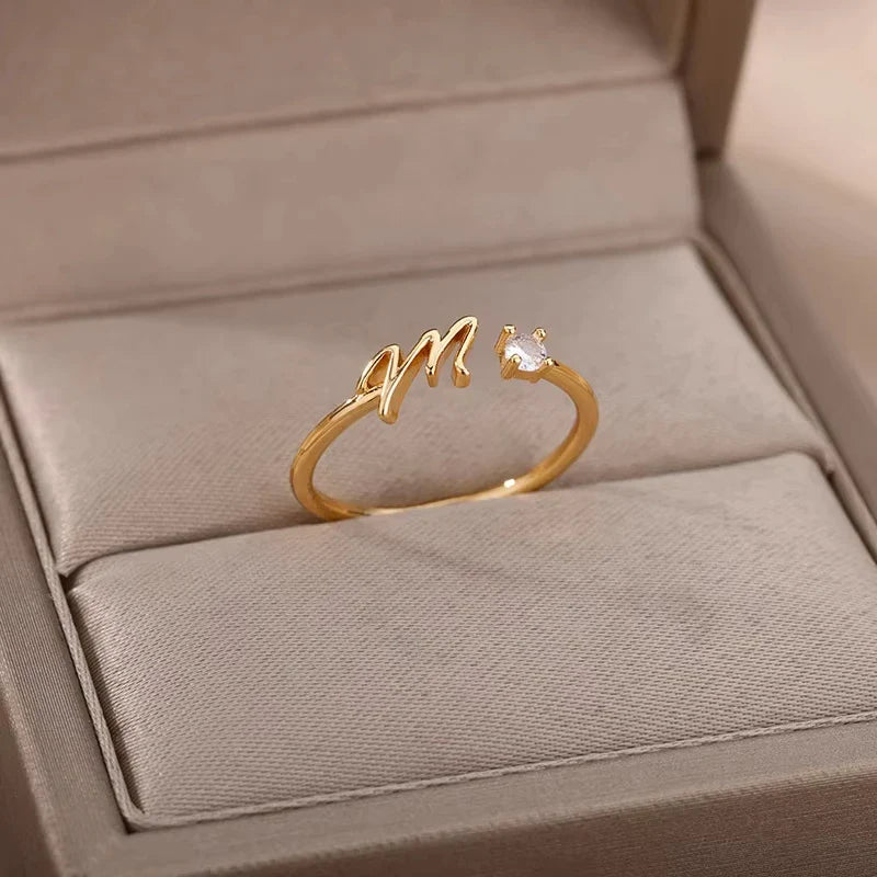 A-Z Initial Letter Open Rings for Women Stainless Steel Gold Color Zircon Adjustable Ring Trendy Couple Wedding Jewelry Gift Vera Lux