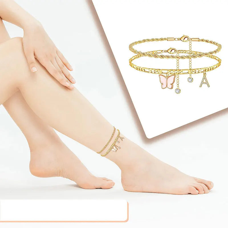 2Pcs Stainless Steel Initial Anklet Set For Women 26 Letter Acrylic Butterfly Charm Chain On Foot Summer Ankle Bracelet Jewelry Vera Lux