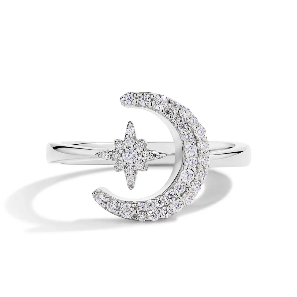 MINTYBOX 0.242CTW Star Moon S925 Sterling Silver Moissanite Rings For Women Lab Diamond Ring 18K Gold Plated Wedding Jewelr Gift Vera Lux