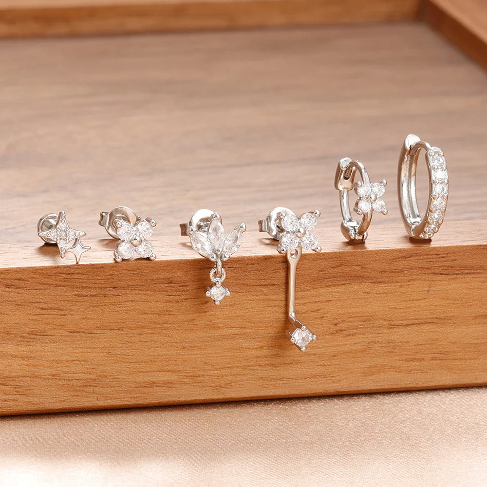 6PCS Fashion Cute Zircon Flower Ear Stud For Women Fashion 18K Gold Plated Star Ear Stud Earring Piercing Girl Set Jewelry Gift Vera Lux