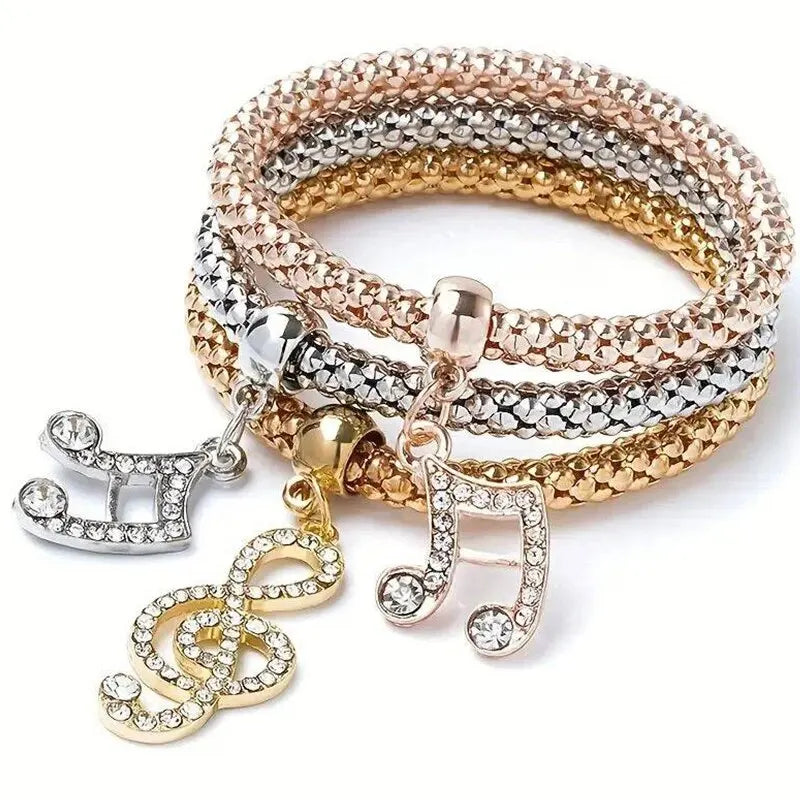 3 PCS Set Heart Lock Key Music Sign Charm Bracelet Owl Rose Gold Plating Silver Color Chain Owm Charm Bangle Jewelry Set Vera Lux