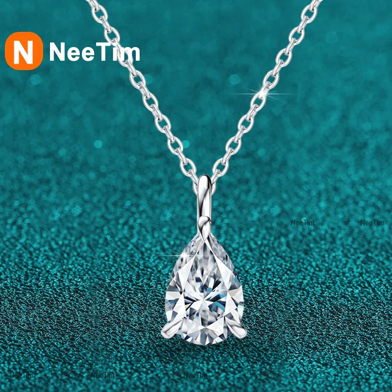 NeeTim Water Drop1ct 2ct Moissanite Pendant Necklace S925 Silver Pear Cut Lab Diamond Neckchain with Certificate for Women Vera Lux