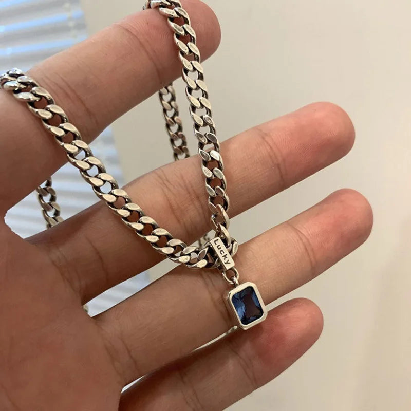 925 Sterling Silver Vintage Cuba Neck Chain Square Zircon Pendants Female Necklaces Women Jewelry Charms Accessories Argent 925 Vera Lux