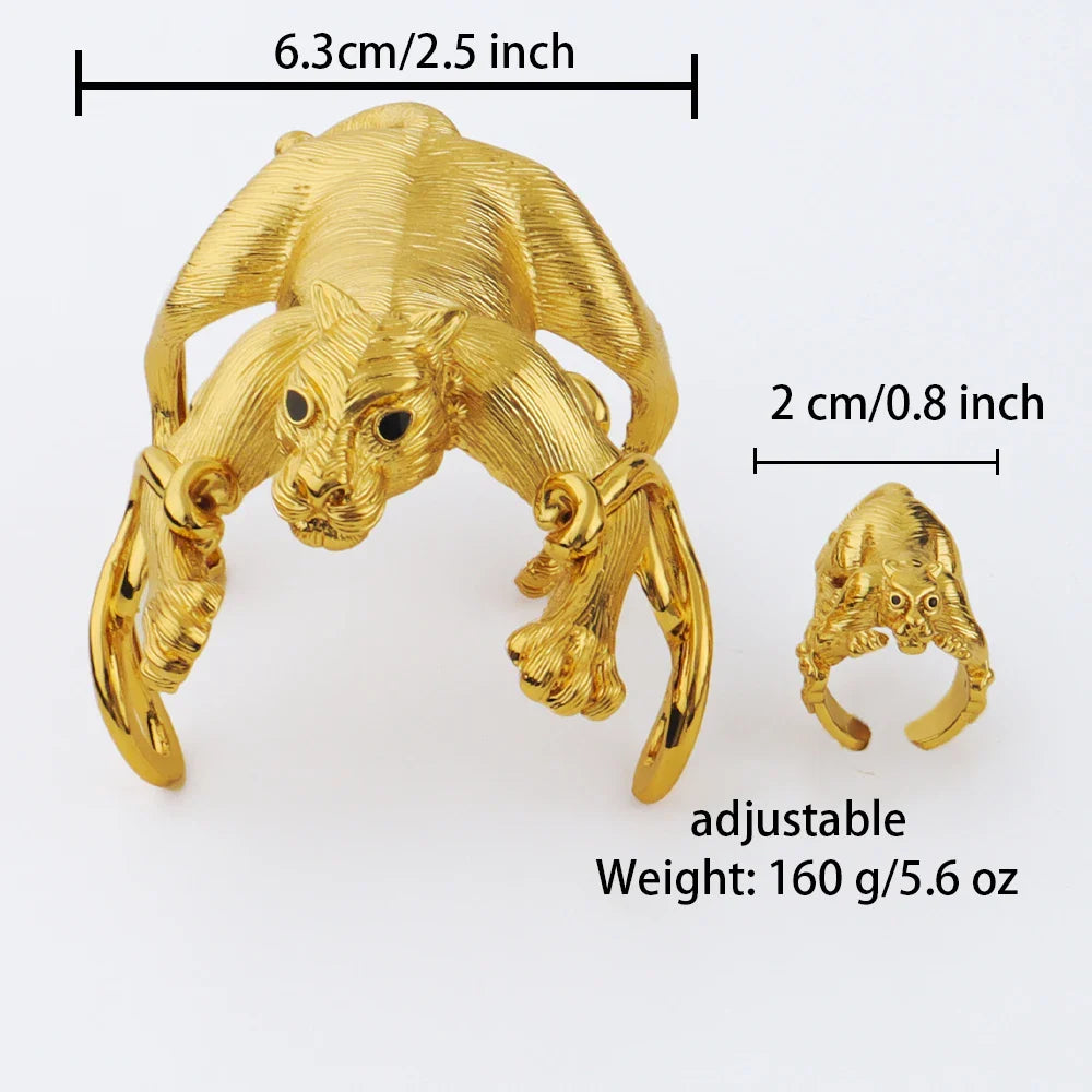 Exaggerate Leopard Bangle with Ring Jewelry Set for Women Dubai Gold Color Cuff Bangle Cocktail Ring 2Pcs Set for Weddings Gifts Vera Lux