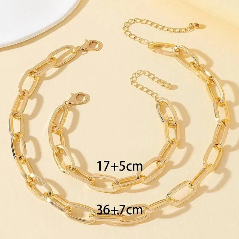 2 PCS Set Gold Color Link Chain Necklace Bracelet Set Punk Bracelet Big Link Chain Dubai Africa Party Jewelry Set Gift FOr Women Vera Lux