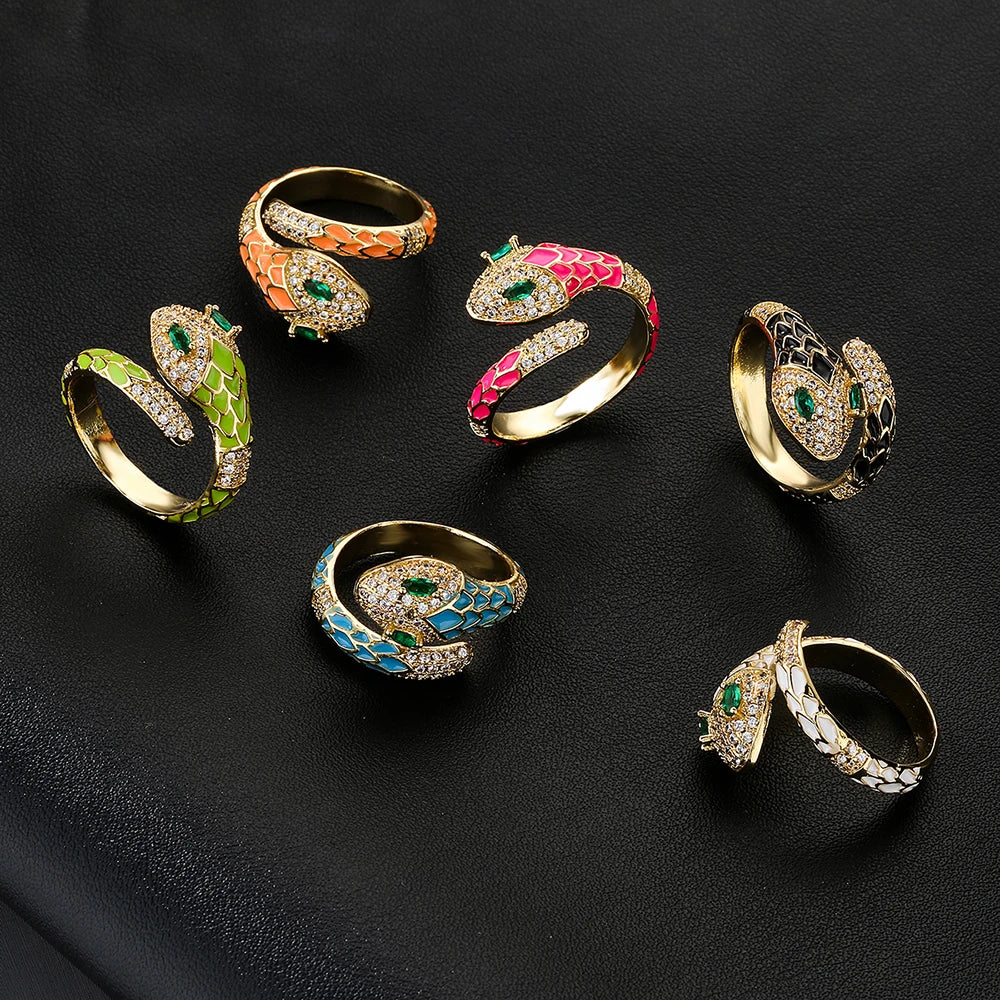 NEWBUY Fashion 6 Colors Enamel Expoxy Snake Open Rings For Women Luxury AAA Cubic Zirconia Pave Setting Copper Jewelry Female Vera Lux