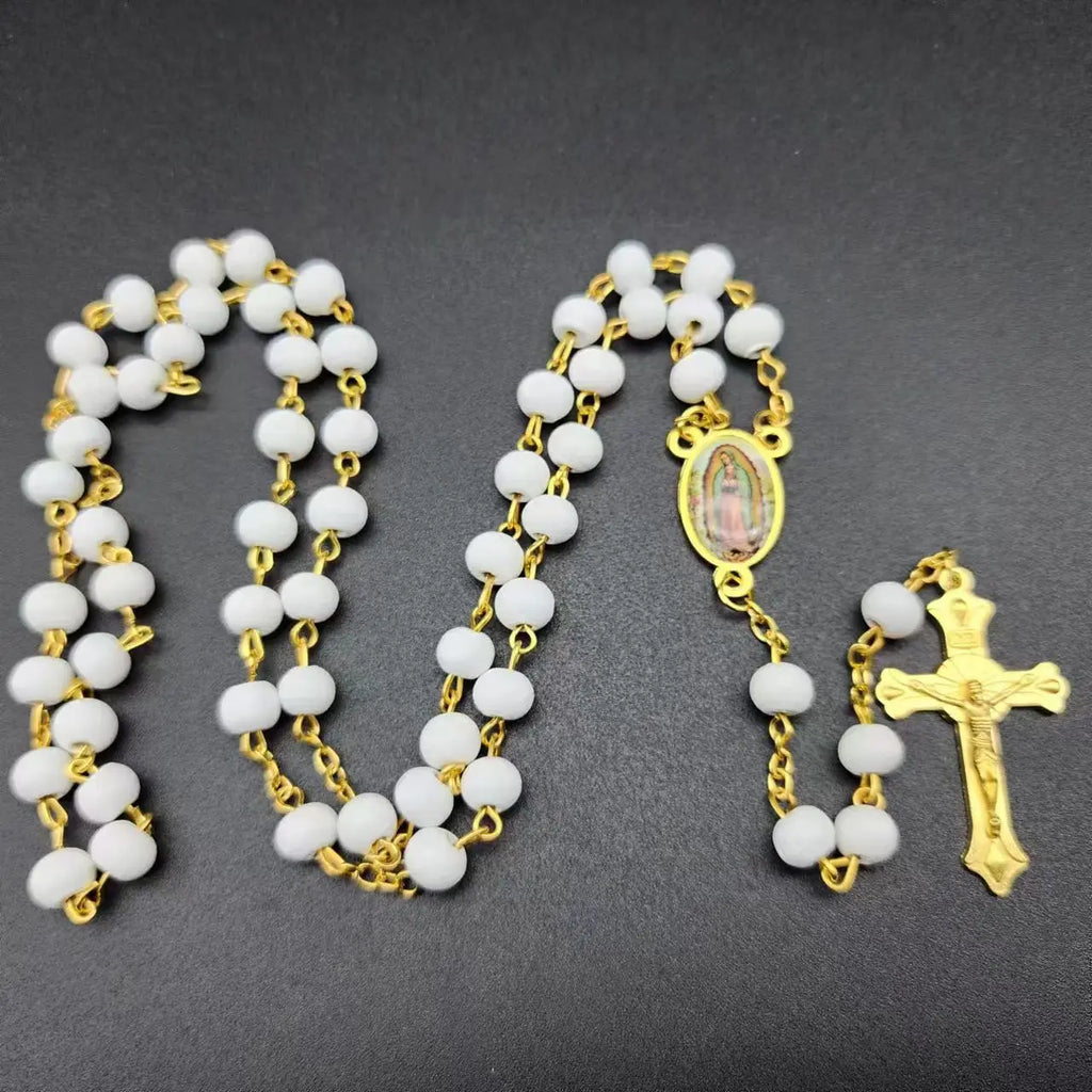 White Wooden Rosary Necklace For Women Crucifix Cross Pendant Long Chain Necklace Men  Religious Catholic Prayer Jewelry Vera Lux