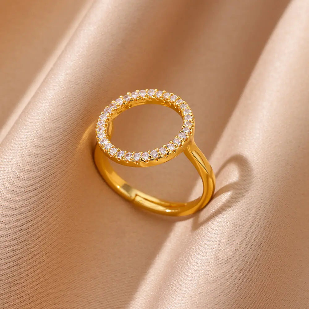 Fashion Zircon Hollow Round Rings for Women Stainless Steel Gold Color Adjustable Wedding Ring Aesthetic Jewelry Gift anillos Vera Lux
