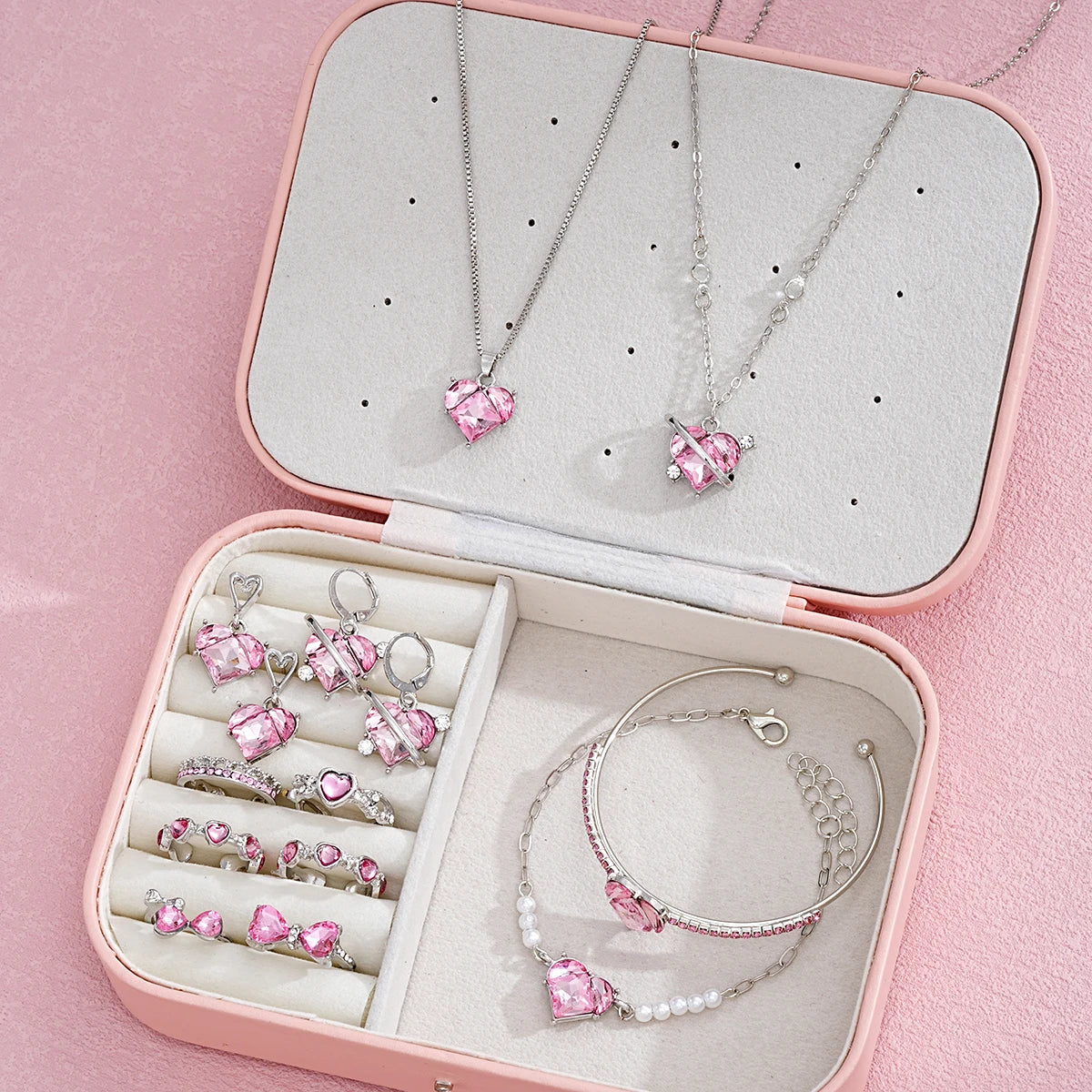 14 PCS Pink Craystal Heart Pendants Necklace Earrings Ring Bracelet Sets For Women Girl Fashion Jewelry Set Wedding Jewelry Gift Vera Lux