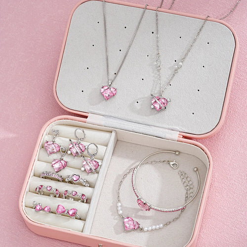 14 PCS Pink Craystal Heart Pendants Necklace Earrings Ring Bracelet Sets For Women Girl Fashion Jewelry Set Wedding Jewelry Gift Vera Lux