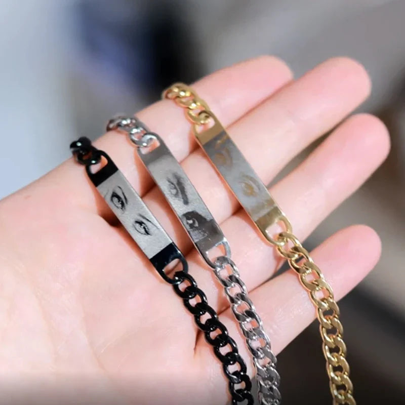 Letdiffery Personalized Eyes Photo Bracelets Stainless Steel Custom Laser Engrave Picture Name Date Men Women Kids Bracelet Gift Vera Lux