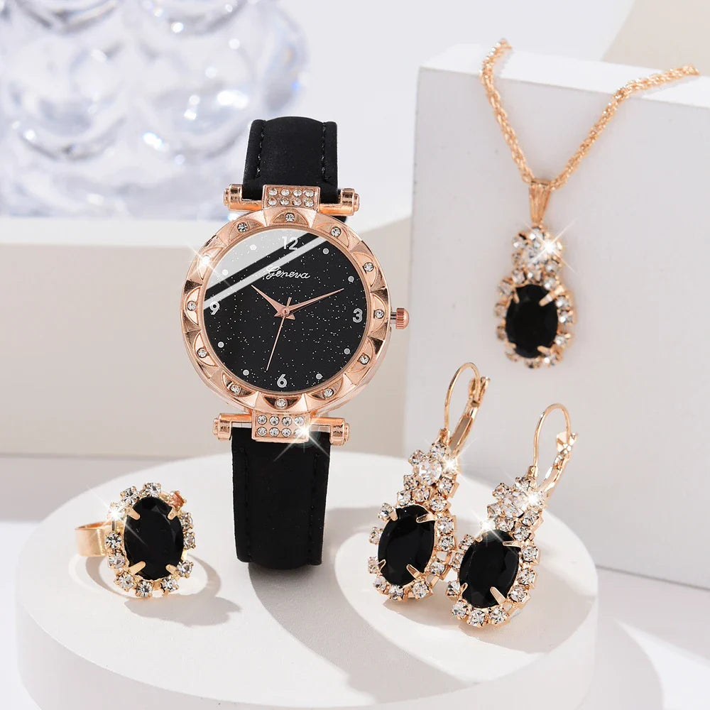 Womens Watches 5Pcs Set Luxury Rhinestone Women Fashion Elegant Wristwatch Quartz Watch For Girl WristWatch Bracelet Gift Vera Lux