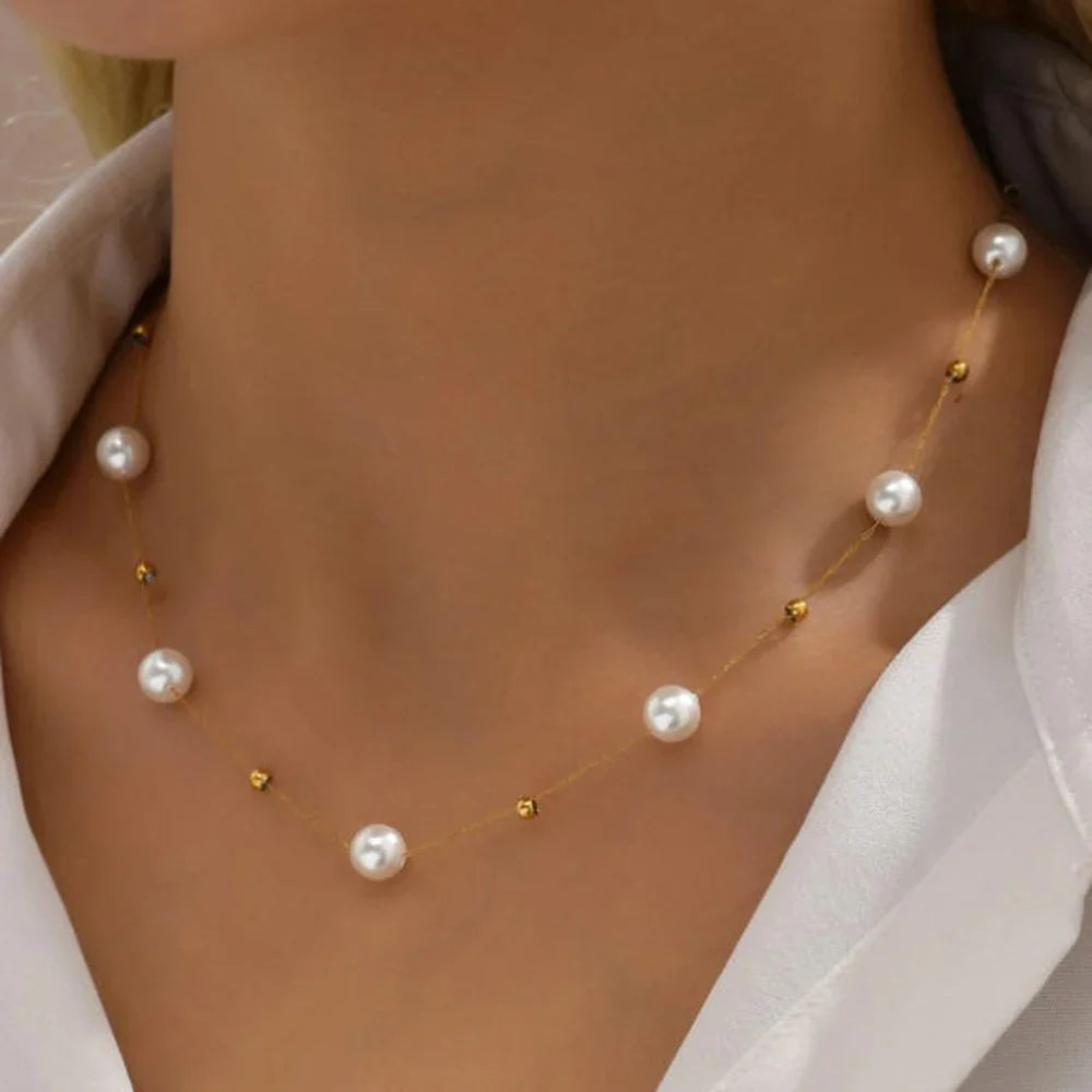 Stainless Steel Temperament Pearl Chain Choker Necklace for Women Waterproof Collar Jewelry Bijoux Gift Vera Lux