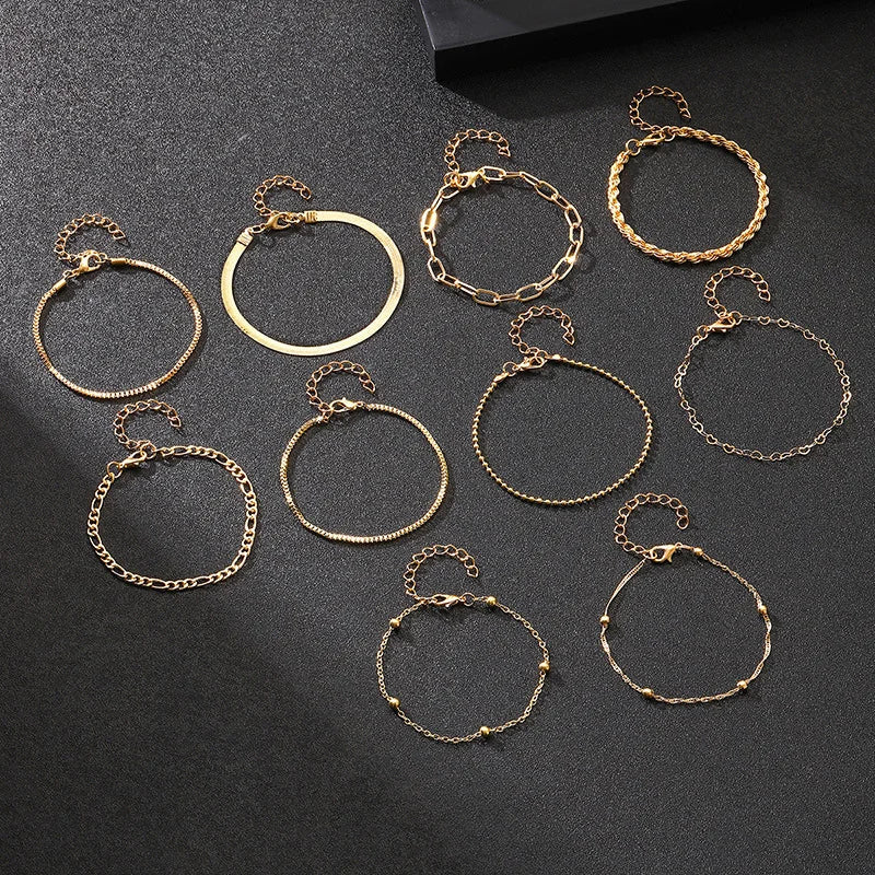 10 Pcs Vintage Statement Gold Color Flat Snake Chain Box Chain Bracelet Boho Multi-layer Metal Bracelet Women's Summer Jewelry Vera Lux