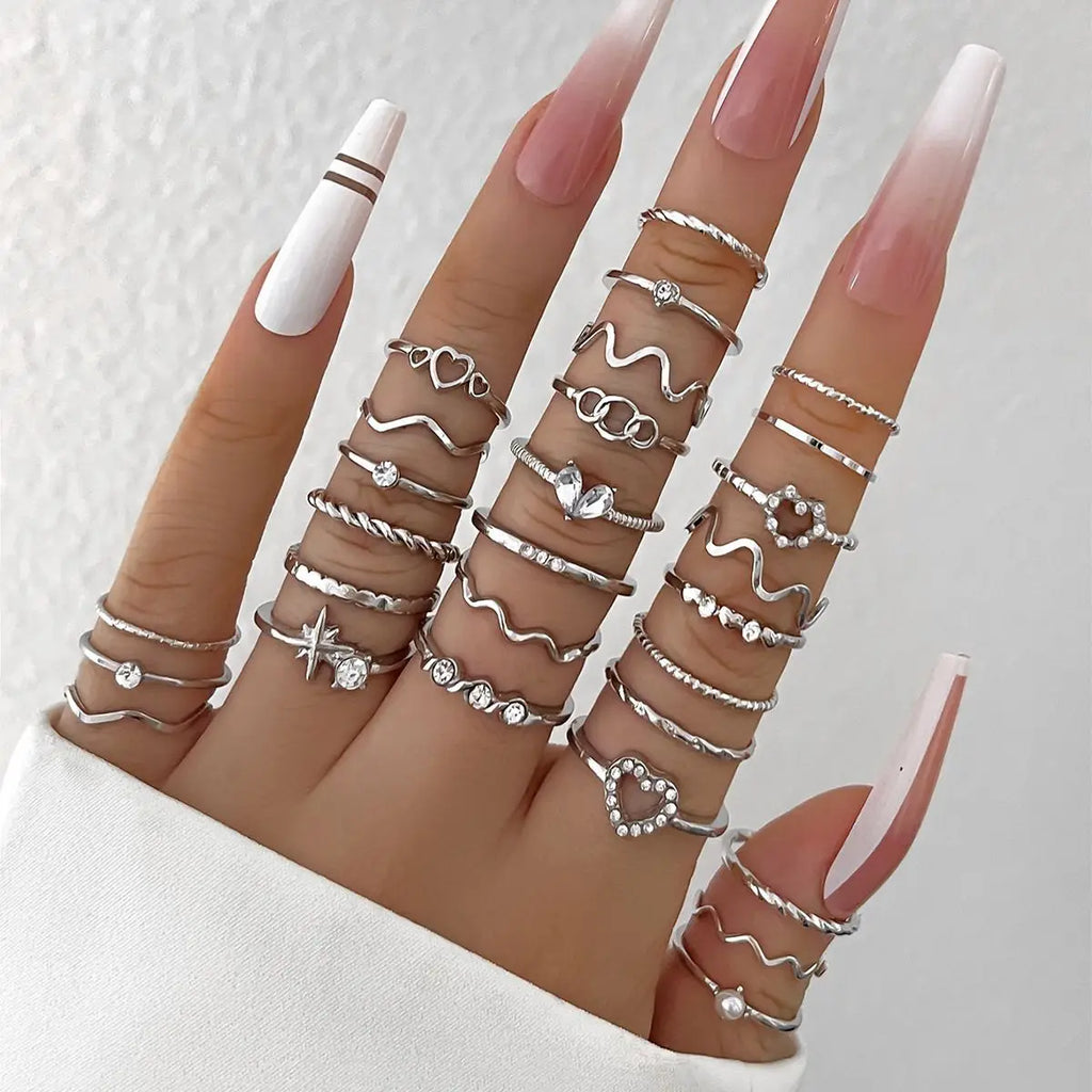 Fashion Simple Wave Joint Rings Set For Women Crystal Heart Shape Gold Silver Color Ring Female Party Jewelry Vera Lux