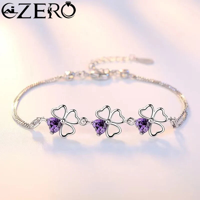NEW Fine 925 Sterling Silver Purple Crystal Lucky Clover Bracelets for Women Fashion Party Wedding Accessories Jewelry 17CM+4CM Vera Lux
