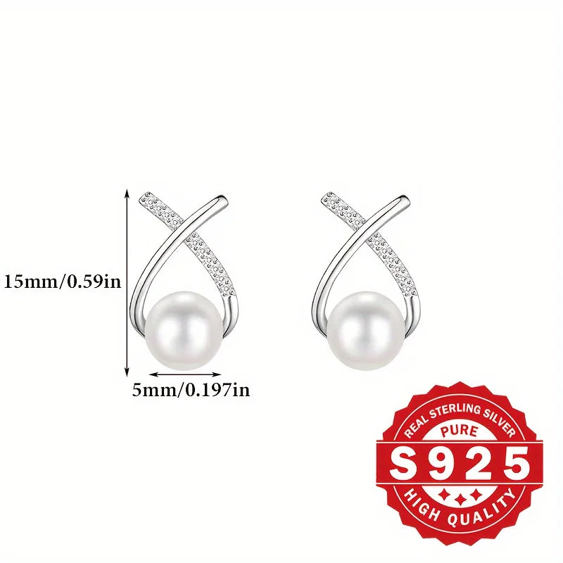 S925 silver, women's cross-tail shellfish pearl earrings, inlaid with synthetic zircon, elegant and suitable for daily wear Vera Lux