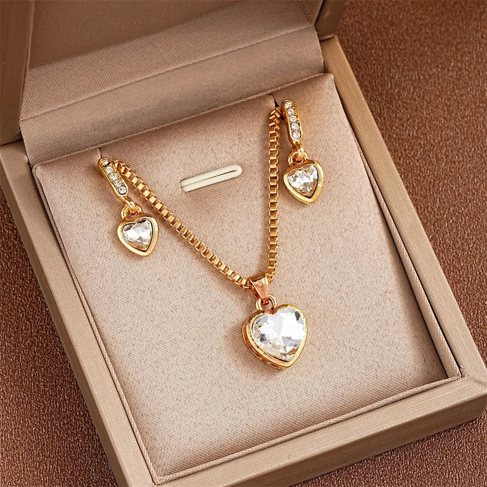 3 Pcs Heart Pendant Jewelry Set Of Earring Pendant Necklace For Women Exquisite Fashion Rhinestone Double Heart Jewelry Set Gift Vera Lux