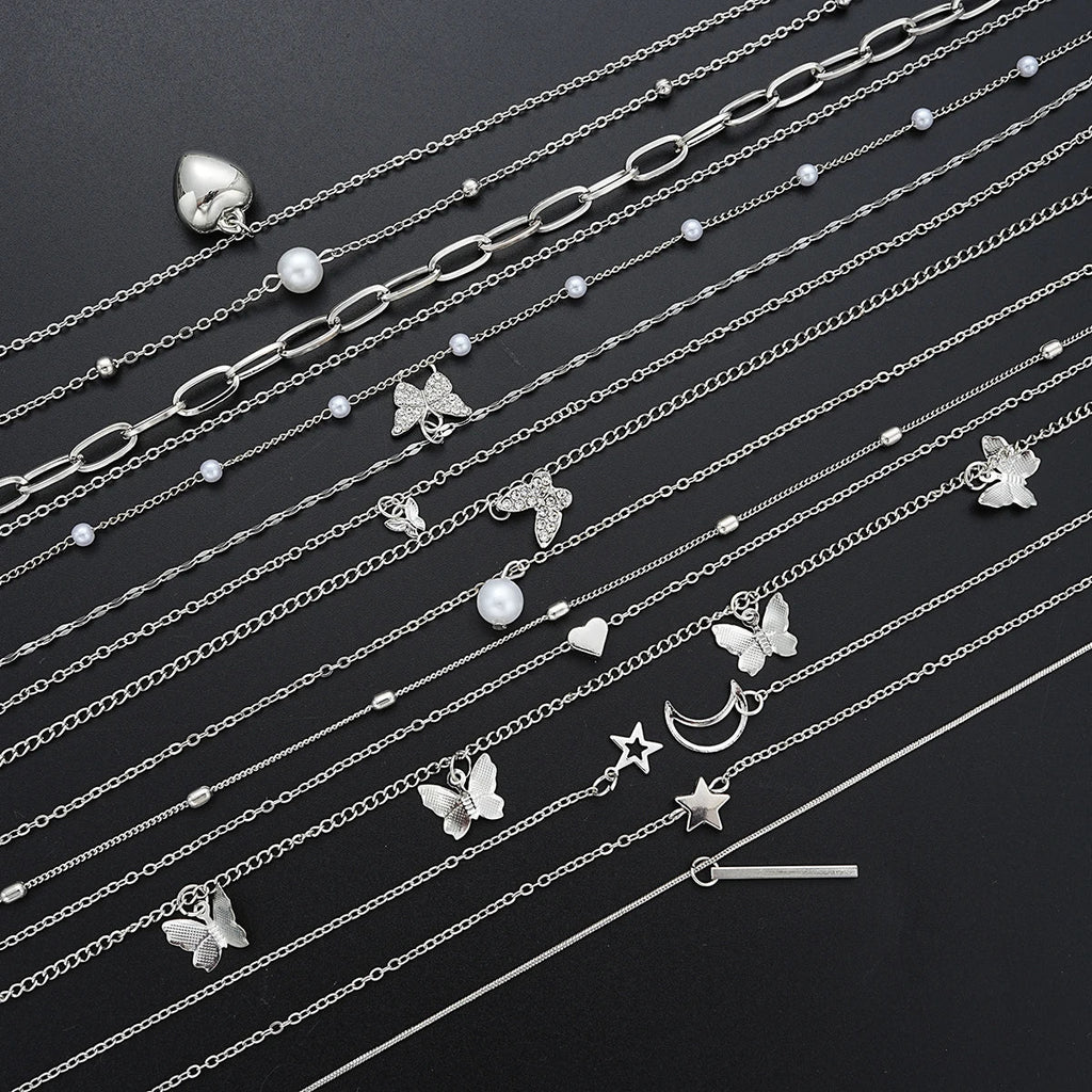 13Pcs/Set Simple Temperament Necklace Set Butterfly Pearl Heart Star Zircon Silver Color Necklace for Women Fashion Jewelry Gift Vera Lux