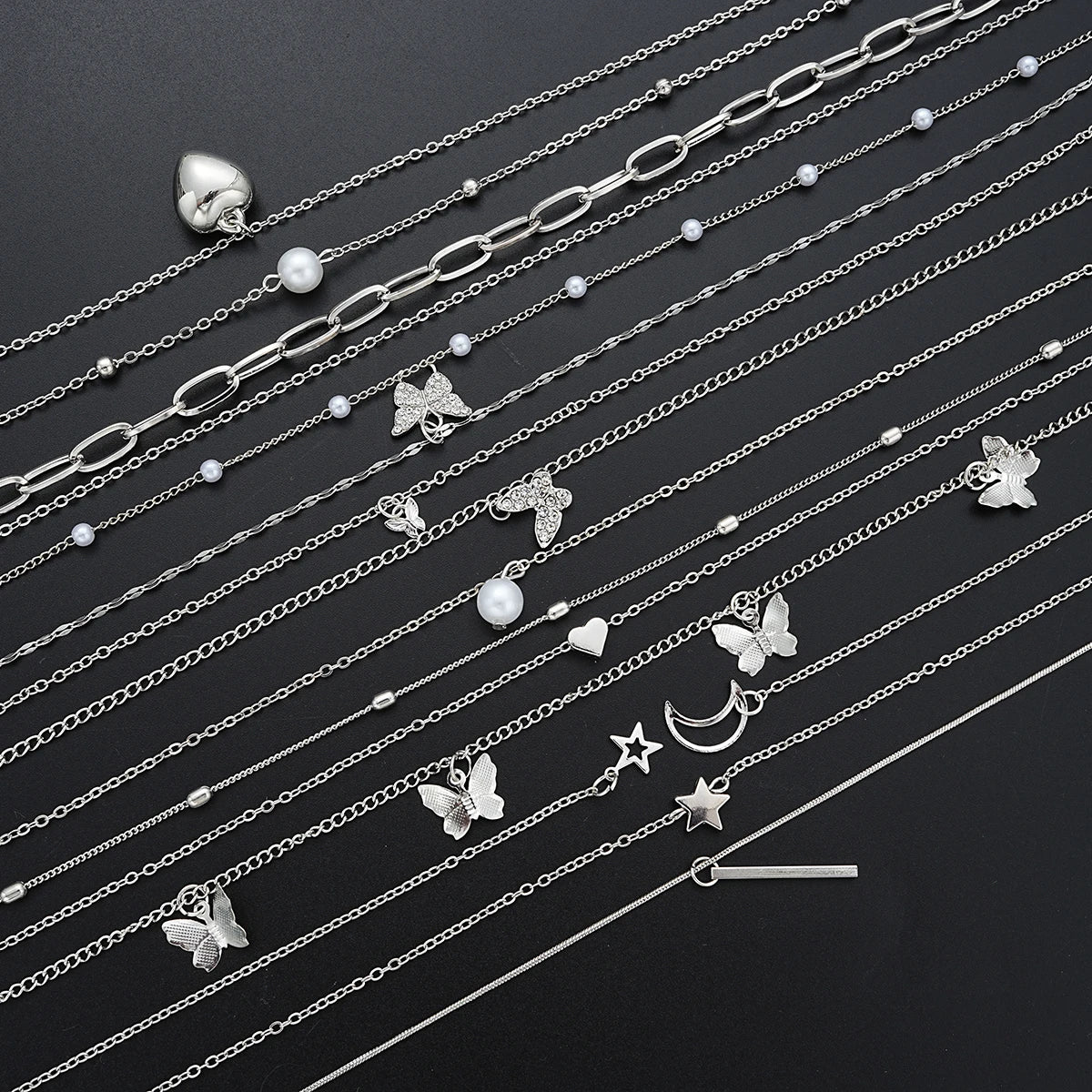 13Pcs/Set Simple Temperament Necklace Set Butterfly Pearl Heart Star Zircon Silver Color Necklace for Women Fashion Jewelry Gift Vera Lux
