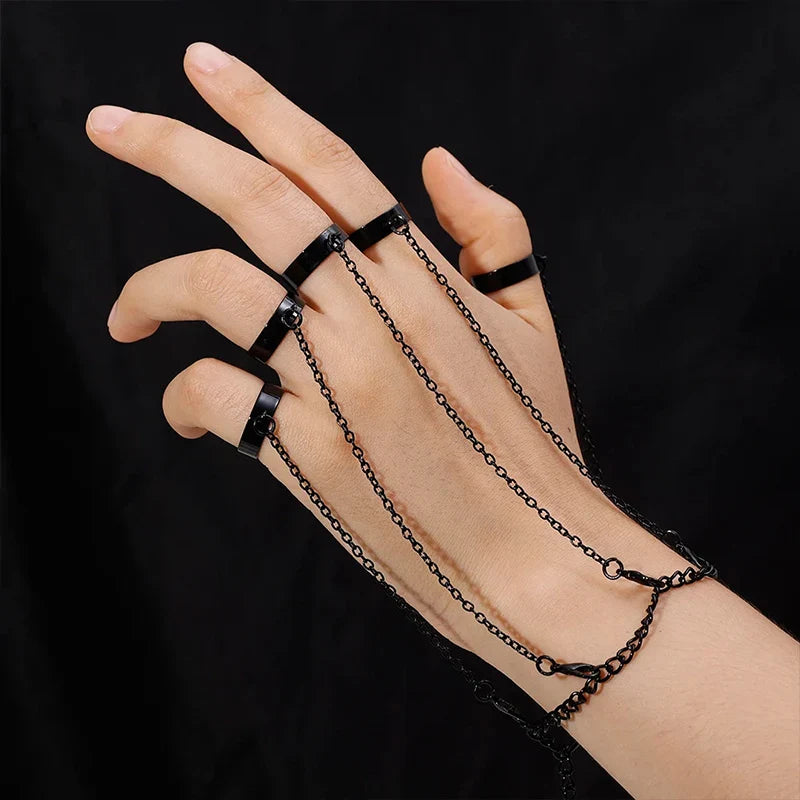 Punk Geometric Black Color Chain Wrist Bracelet Ring For Women Men Open Ring Silver Link Chain Girls Cool Design Fashion Jewelry Vera Lux