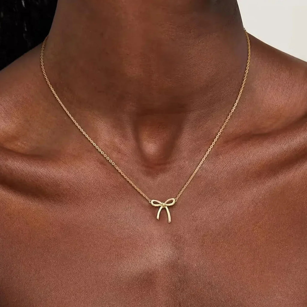 Stainless Steel Bowknot Lucky Necklace For Women Gold Color Korean Necklaces Female Aesthetic Choker Jewelry Daily Accessories Vera Lux