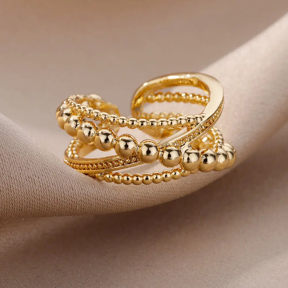 Stainless Steel Bead Twist Cross Rings For Women Gold Plated Irregular Opening Ring Wedding Aesthetic Jewelry anillos mujer Vera Lux
