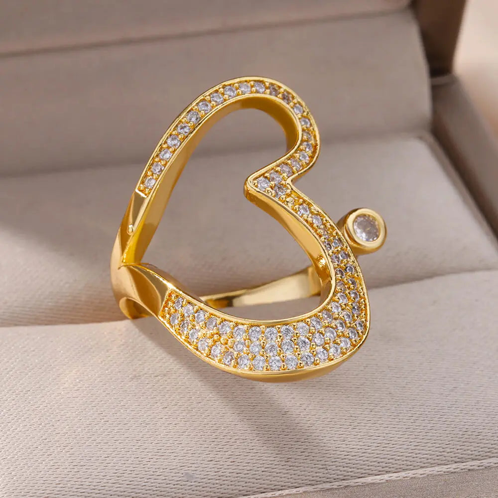 Stainless Steel Heart Rings For Women Gold Color CZ Crystal Zircon Open Finger Ring Wedding Aesthetic Jewerly Gift anillos Vera Lux