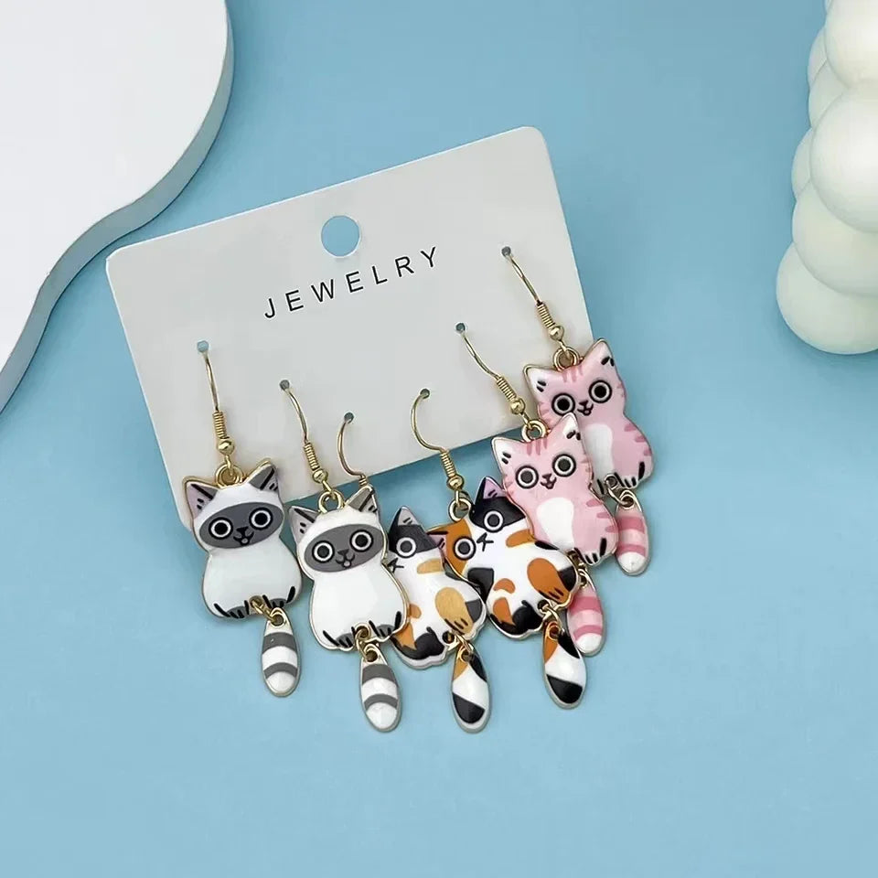 3 Pairs New Fun and Cute Enamel Alloy Hanging Tail Cat Dangle Earrings Colored Cat Ear Jewelry Set Lovely Gift For Women Girls Vera Lux