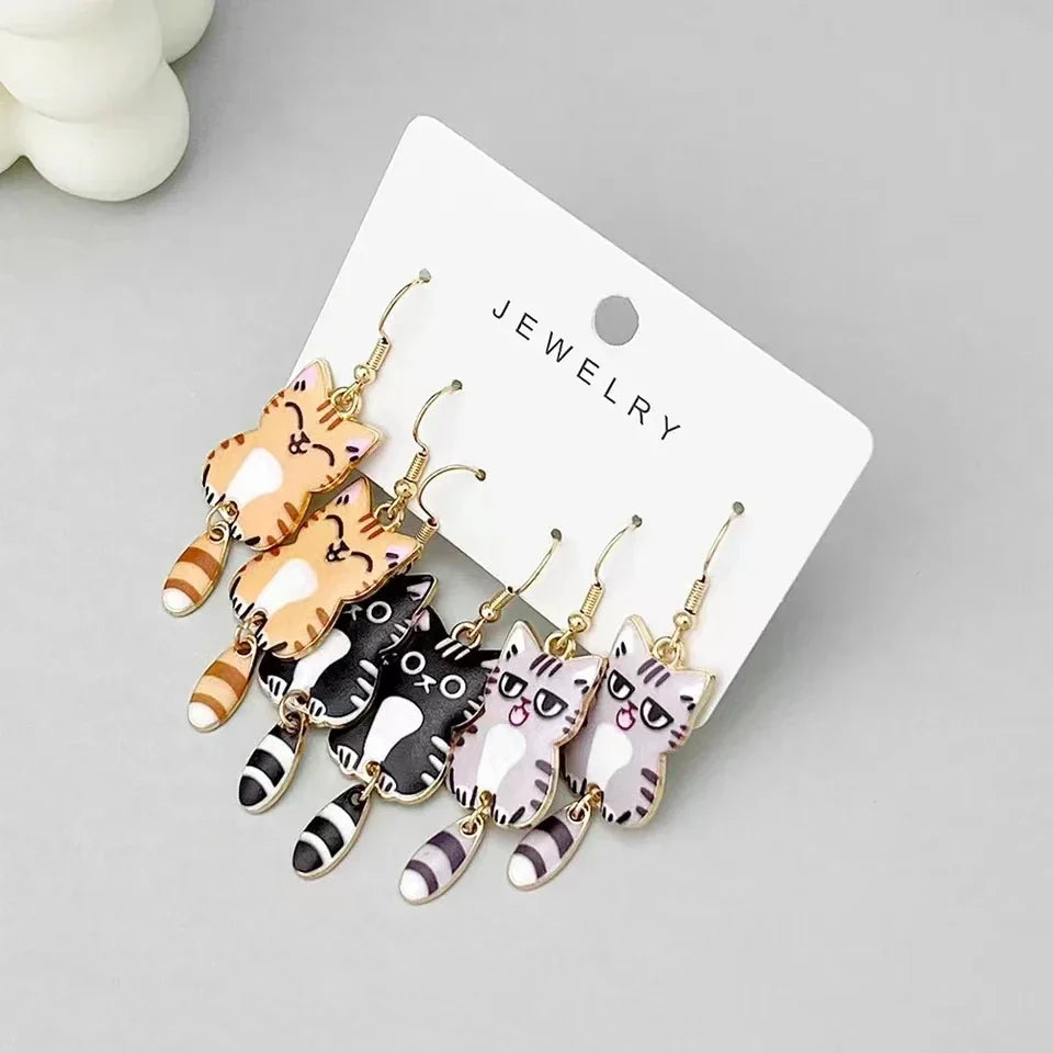 3 Pairs New Fun and Cute Enamel Alloy Hanging Tail Cat Dangle Earrings Colored Cat Ear Jewelry Set Lovely Gift For Women Girls Vera Lux