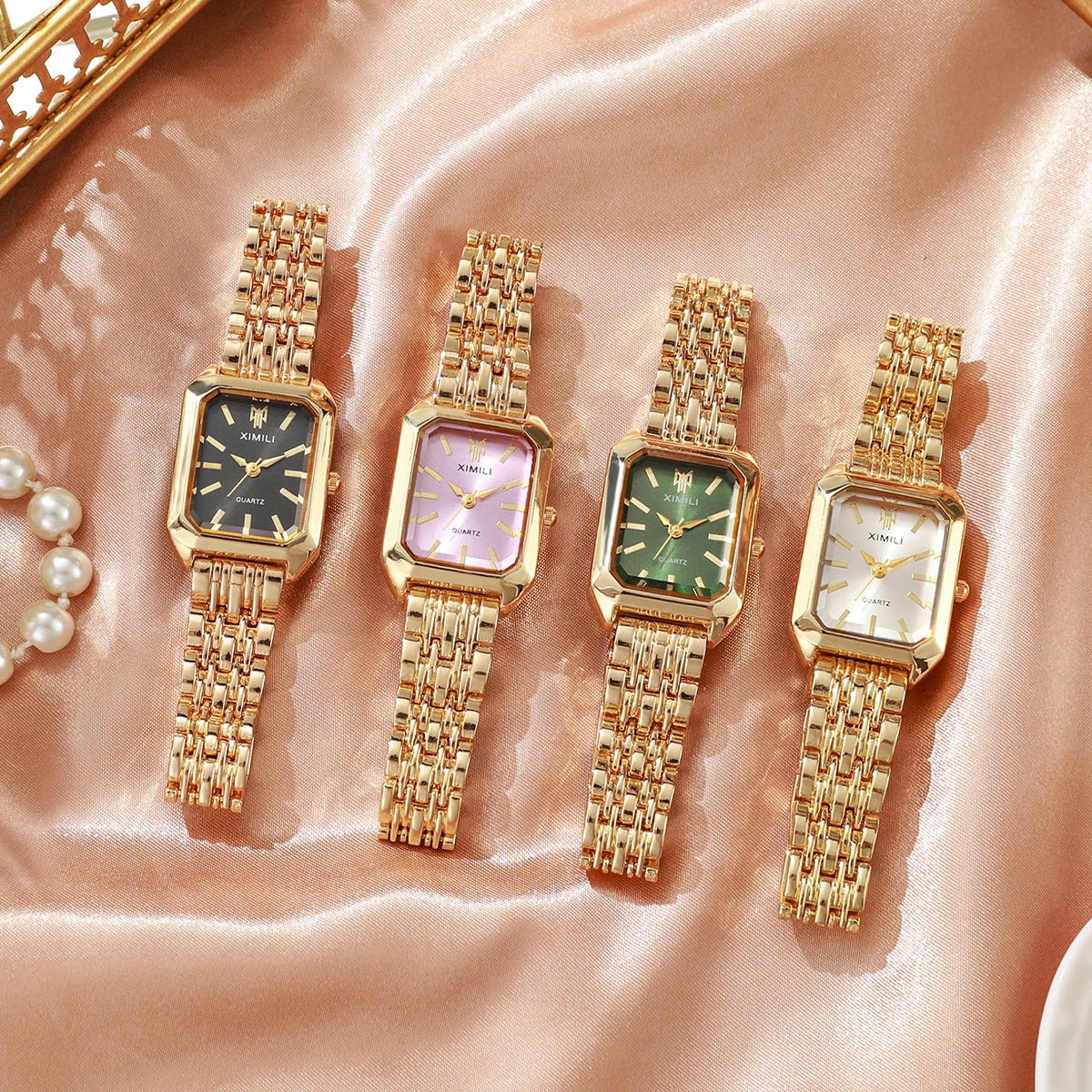 1/2/4PCS  Elegant Rectangle Woman Quartz Watch Luxury Stainless Steel Band Ladies Wristwatches Reloj Mujer（Without Box） Vera Lux
