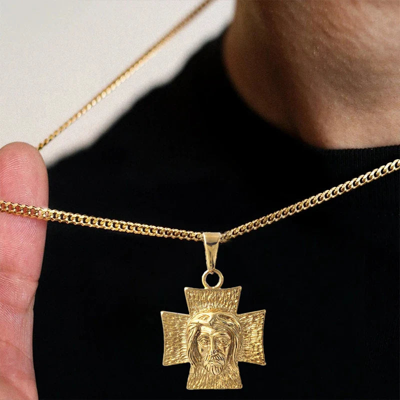 18K Gold Plated Jesus Face Cross Pendant Necklace Religious Charm for Men Women Faith-Inspired Jewelry Christian Gift Vera Lux