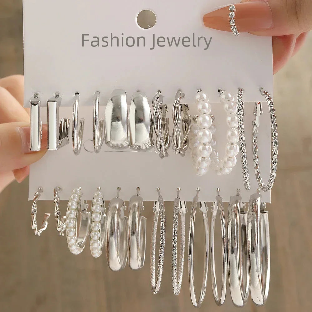 24 Pcs Vintage Silver Color Y2K Pearl Earrings for Women Geometry Round Circle Square Hoop Earring Set Fashion Female Jewelry Vera Lux
