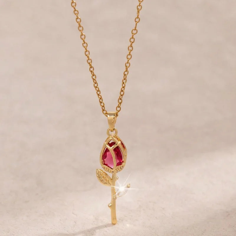 1 Piece Women's Red Zirconia Tulip Rose Pendant Necklace Copper Pendant Stainless Steel Chain Versatile Valentine's Day Gift Vera Lux