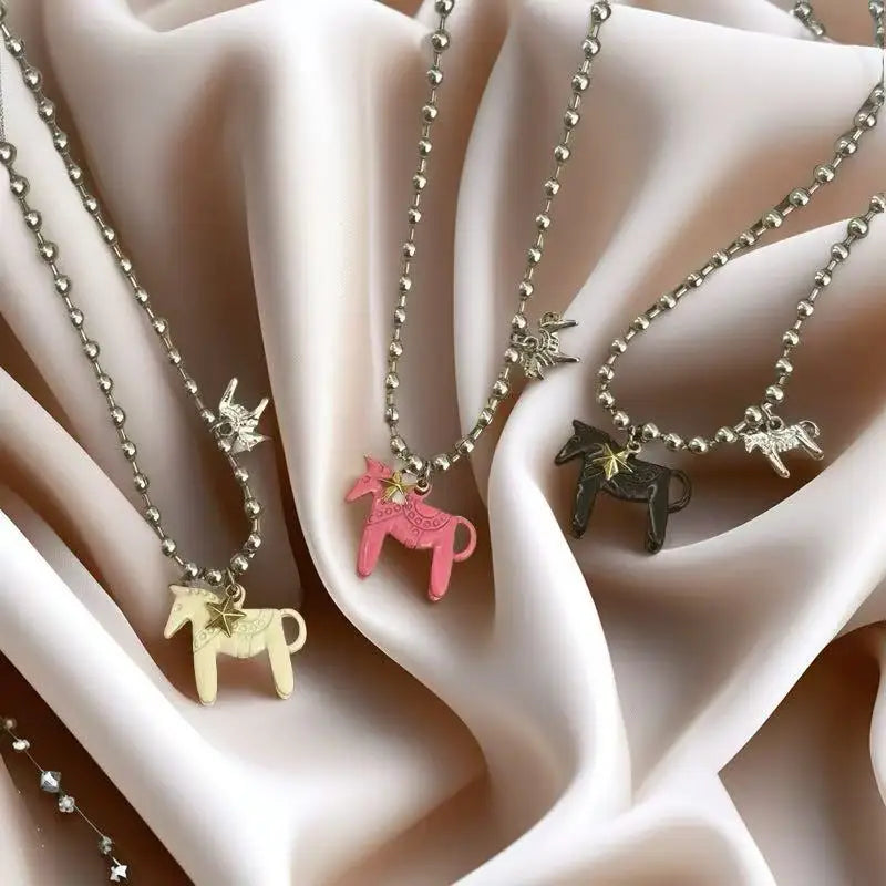 LATS White Black Green Blue Pink Color Enamel Colt Horse Pendant Necklaces for Women Silver Plated Alloy Beads Chain Chokers Vera Lux