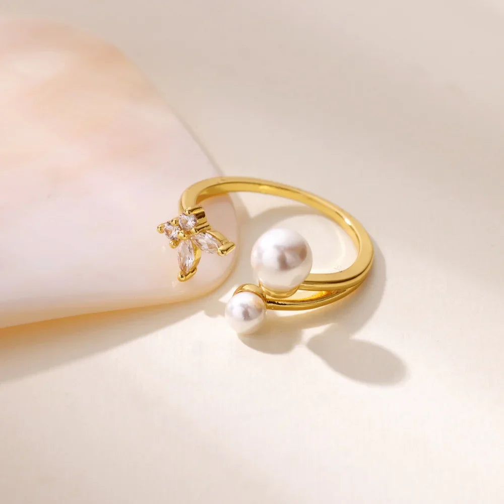 Zircon Butterfly Imitation Pearl Ring For Women Stainless Steel Gold Color Ring 2025 New Fashion Wedding Couple Jewelry Gifts Vera Lux