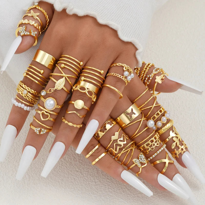 58 Pcs/Set Gold Color Rings Set For Women Men Vintage Hollow Butterfly Pearl Heart Crystal Geometric Rings Trendy Finger Jewelry Vera Lux
