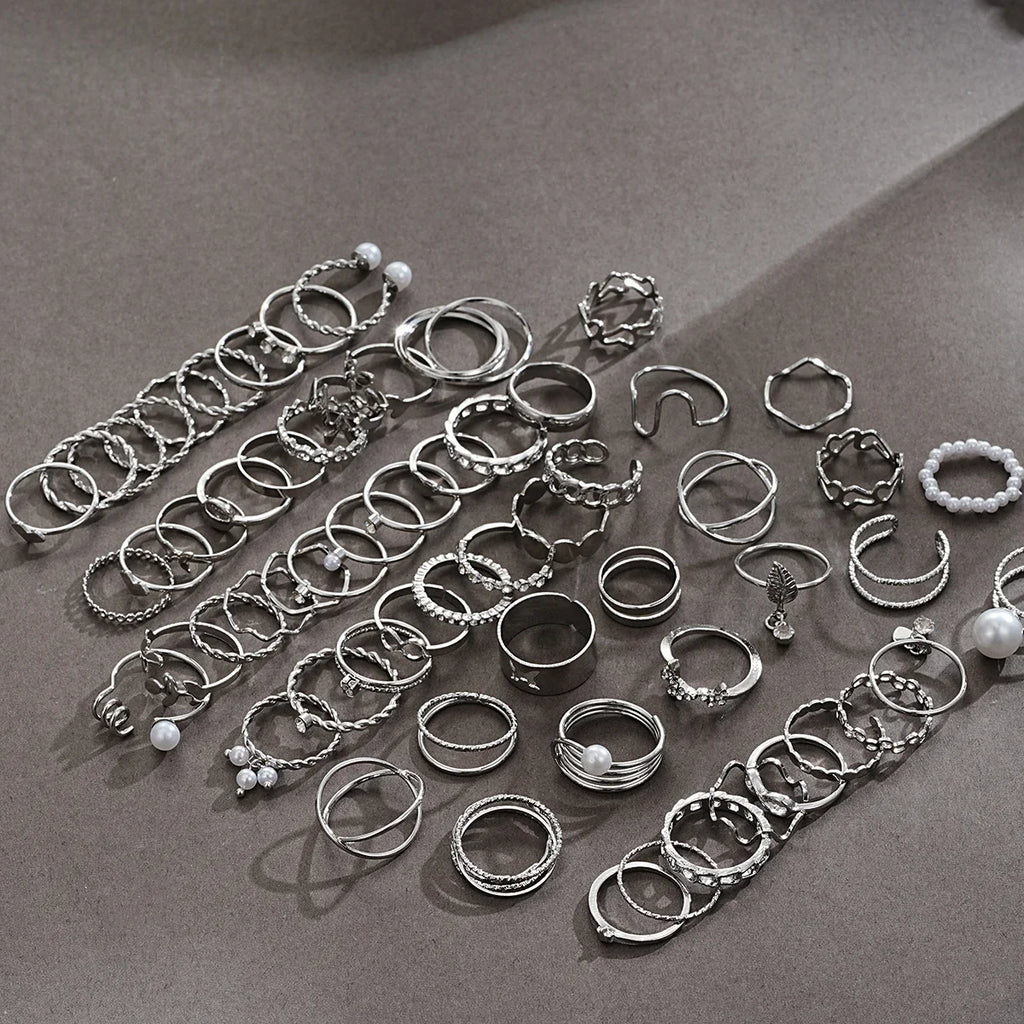 64 Pcs Silver Color Geometric Knuckle Rings Set For Women Heart Cross Leaf Pearl Charm Finger Ring Female Boho Party Jewelry Vera Lux