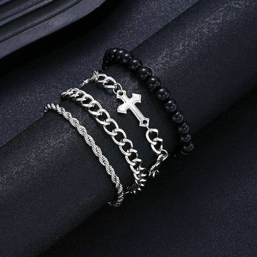 4 Pcs Stainless Steel Bracelet Set For Men Women Punk Fashion Cross Beads Chain Bracelets Simple Hip Hop Unisex Jewelry Gift New Vera Lux