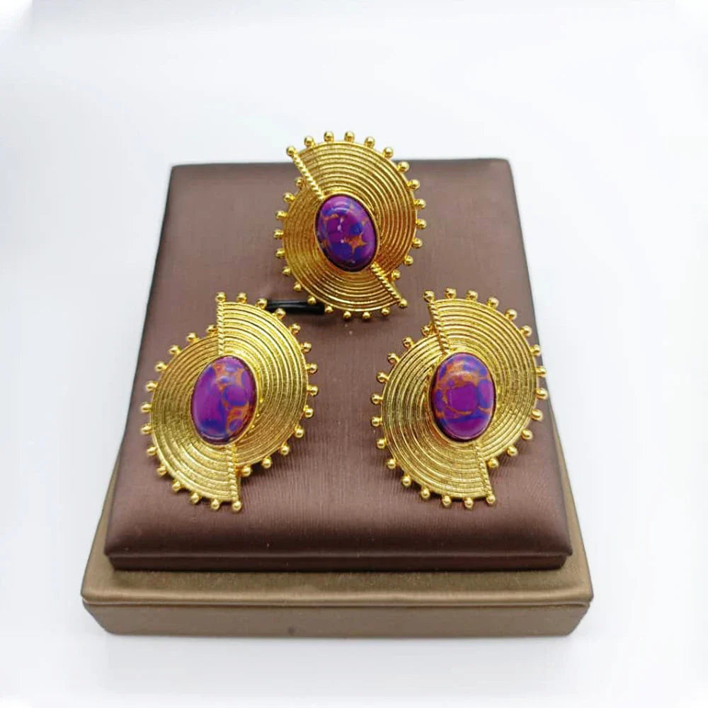African Jewelry Set for Women Spiral Shape New Fashion Purpuse Stone Earrings Finger Ring Dubai Indian Luxury Gold Color Jewelry Vera Lux