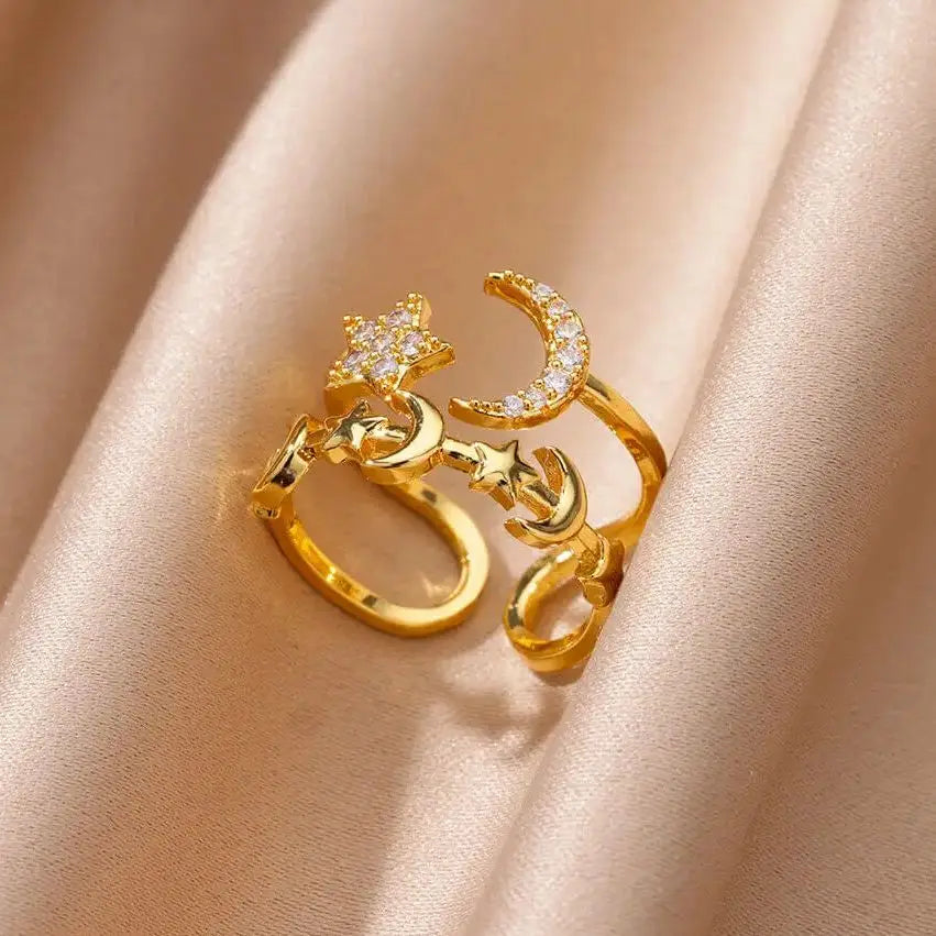 Zircon Star Moon Rings For Women Gold Color Adjustable Stainless Steel Moon Star Ring Wedding Aesthetic Party Jewelry Gift BFF Vera Lux