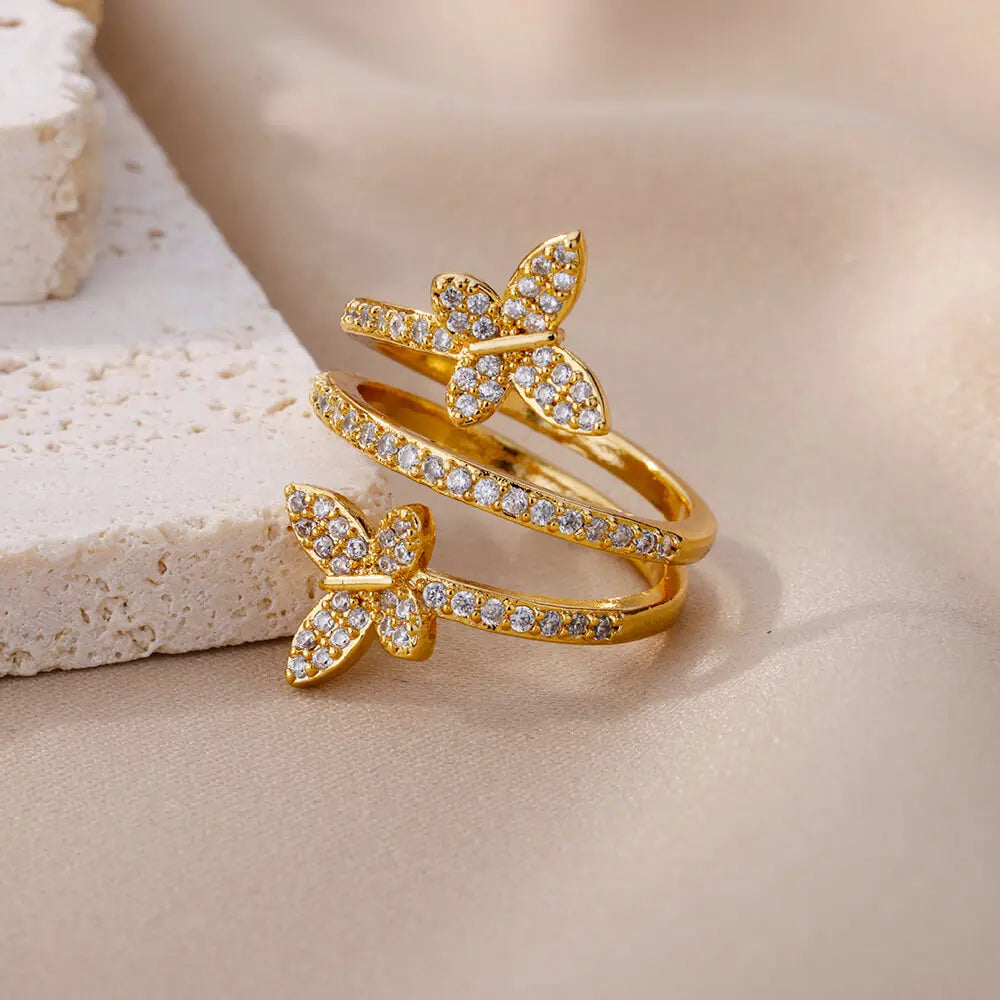 Zircon Double Butterfly Rings For Women Stainless Steel Gold Color Open Multilayer Ring Fashion Wedding Party Jewelry 2024 New Vera Lux