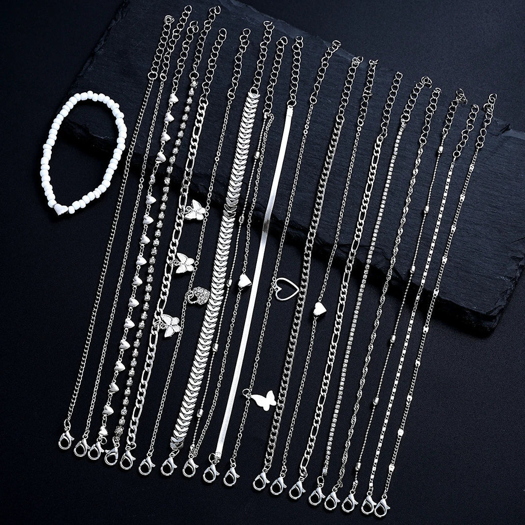 19Pcs/Set New Design Silver Color Anklet Sets for Women Fashion Pearl Butterfly Heart Crystal Foot Chain Versatile Daily Jewelry Vera Lux