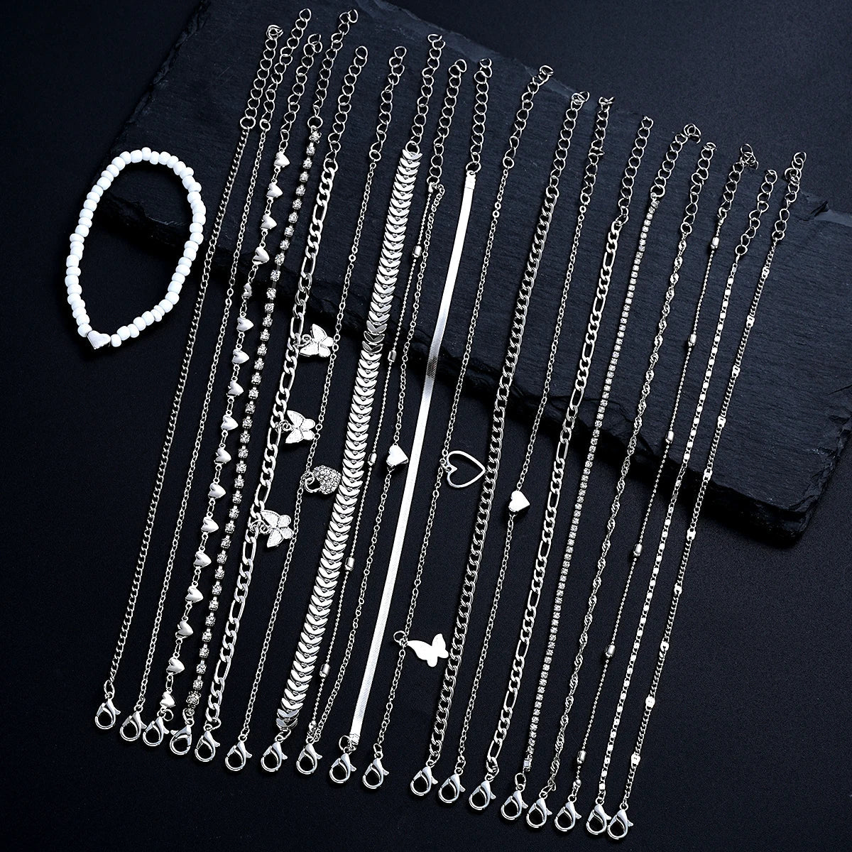 19Pcs/Set New Design Silver Color Anklet Sets for Women Fashion Pearl Butterfly Heart Crystal Foot Chain Versatile Daily Jewelry Vera Lux