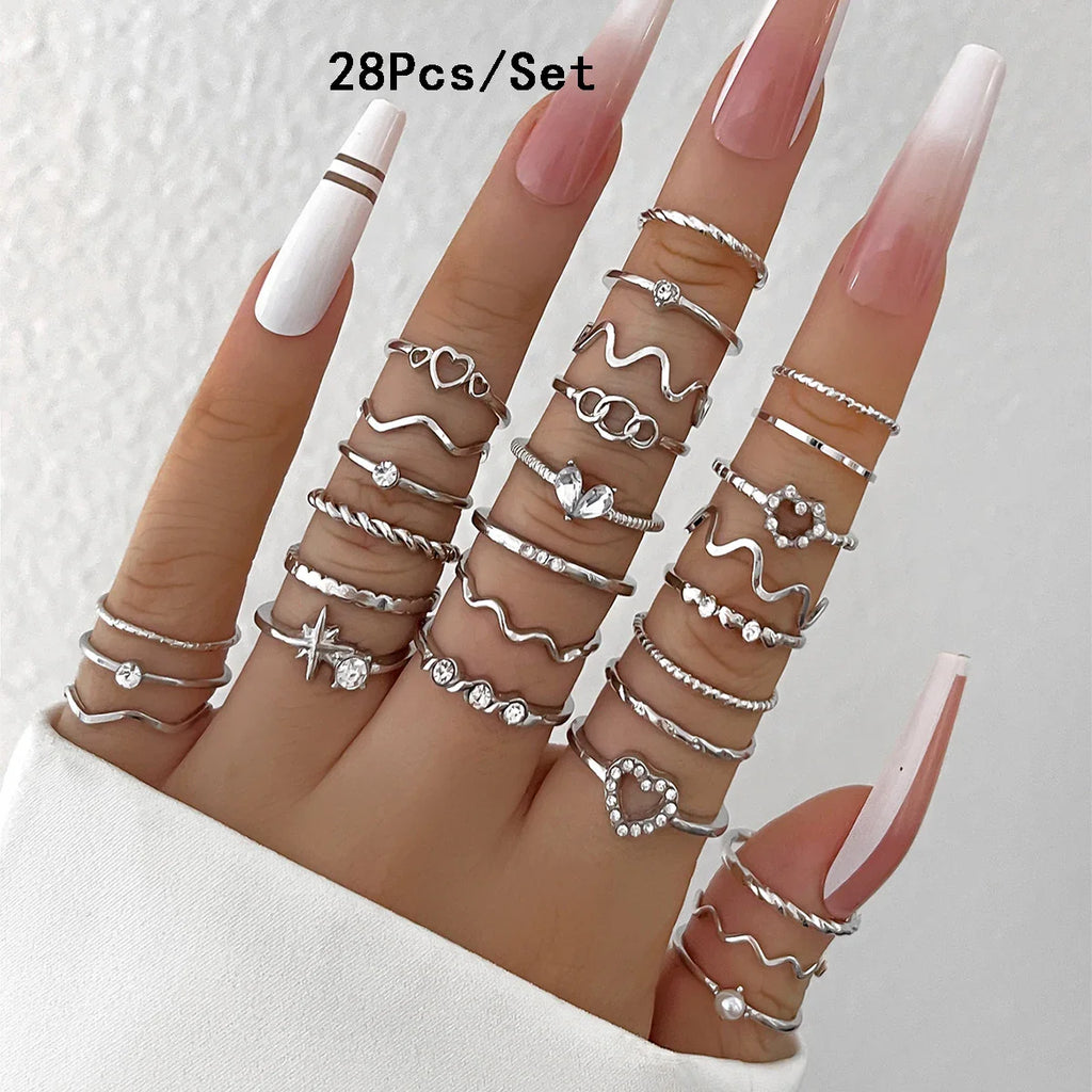 28Pcs Fashion Geometric Knuckle Rings Set For Women Crystal Heart Gold Silver Color Rings Girls  Party Jewelry Accessories Vera Lux