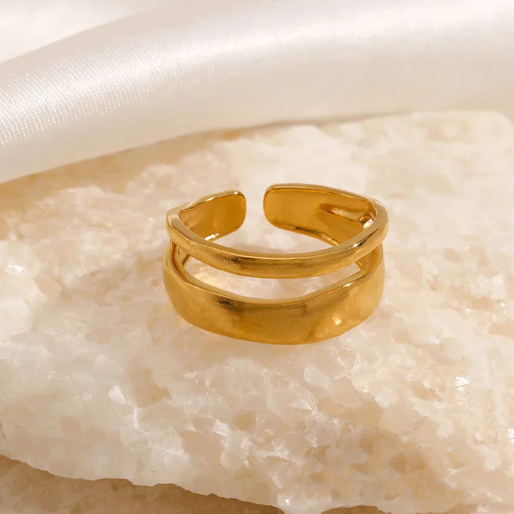 Stainless Steel Irregular Geometric Open Rings for Women Gold Color Texture Couple Wedding Ring Trendy Elegant Aesthetic Jewelry Vera Lux