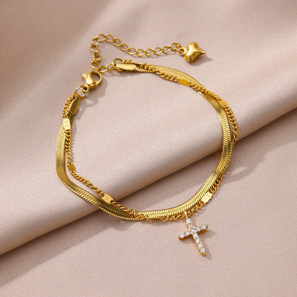 Zircon Cross Anklets For Women Gold Color Stainless Steel Cross Anklet Double Chain Summer Beach Party Jewelry Gift Accessories Vera Lux