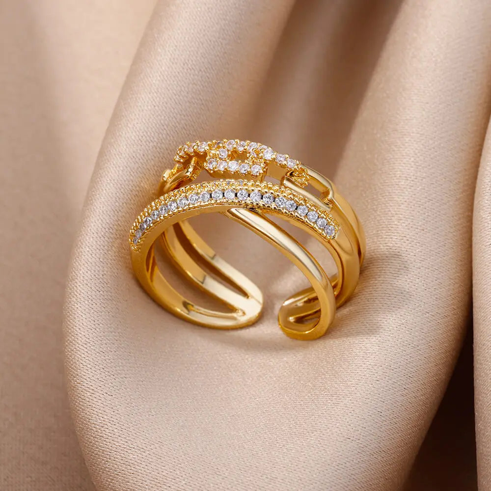 Zircon Twist Chain Open Rings For Women Stainless Steel Geometric Twist Wrapped Adjustable Ring Wedding Aesthetic Jewelry Gift Vera Lux